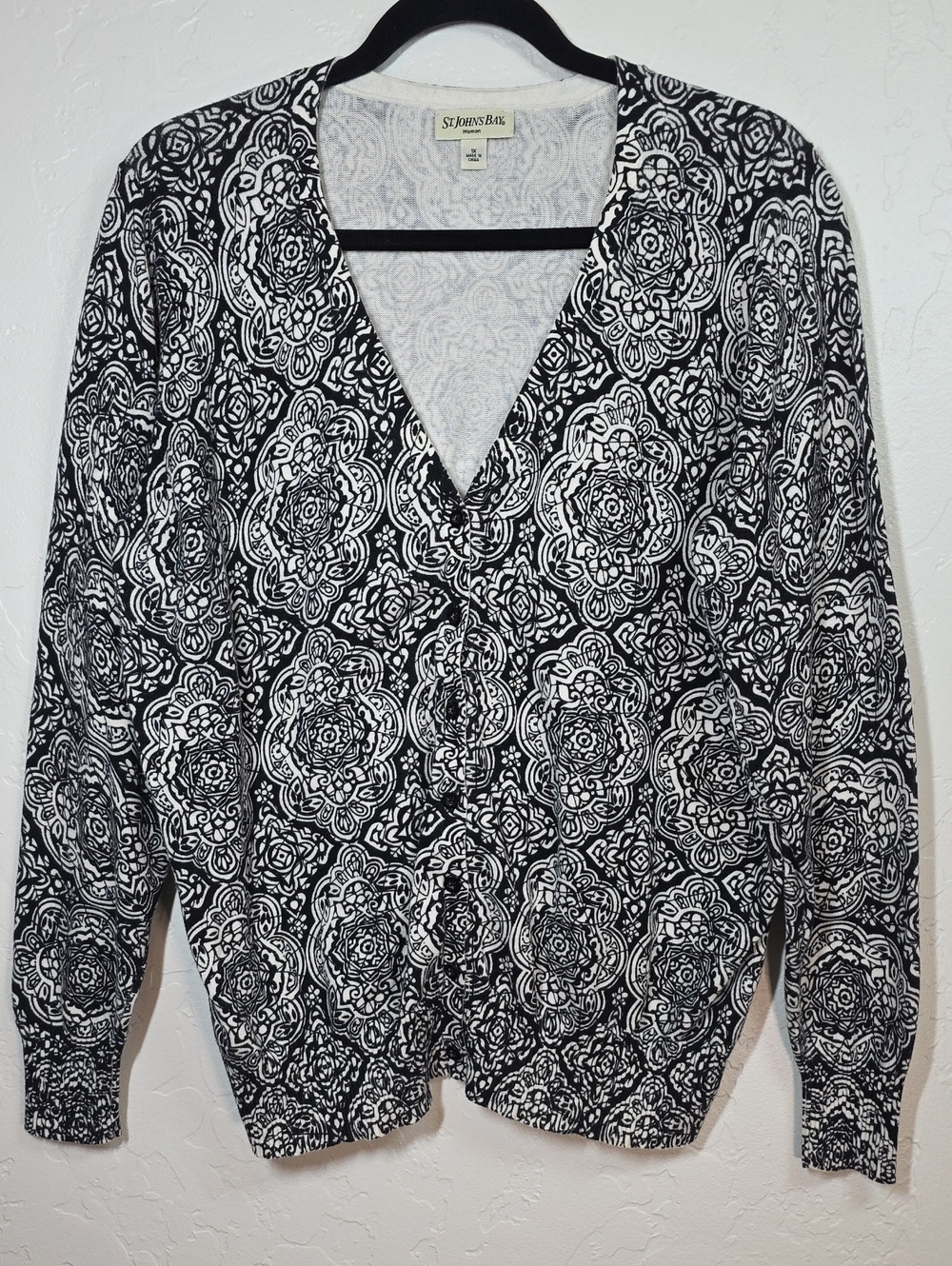 St. John's Bay 100% Cotton Black & White Floral Medallion Cardigan Sweater 1X